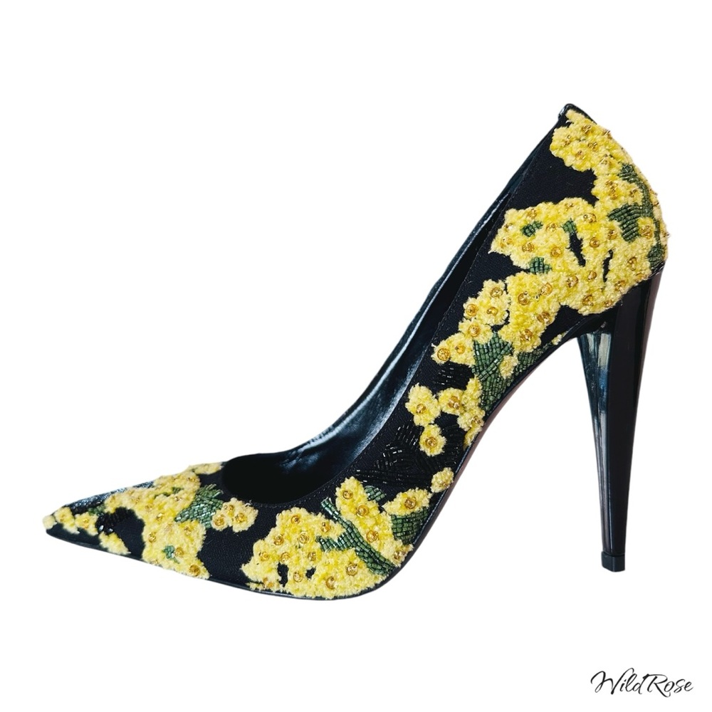 VALENTINO GARAVANI Floral Yellow Green Black Beaded & Embroidered Heels SZ 37 - Picture 5 of 17